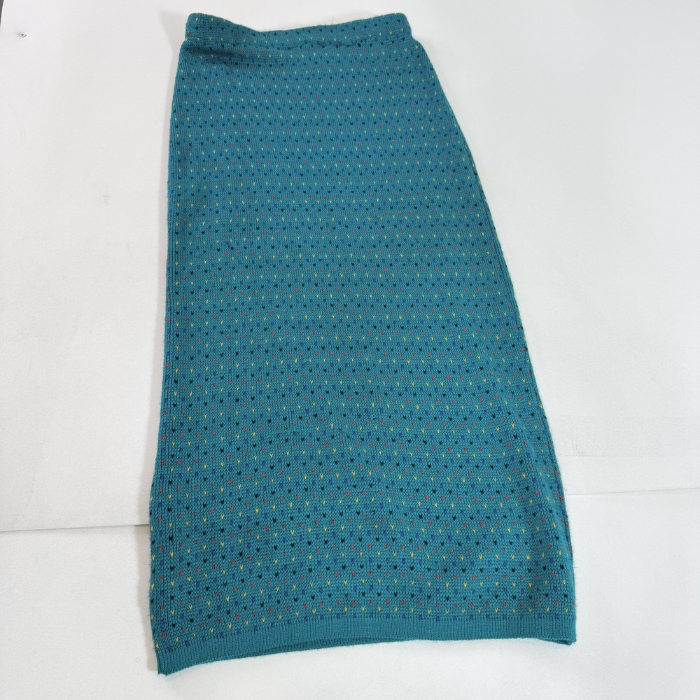 VTG Sandwich Skirt Womens Small Blue Geometric Knit Midi Elastic Waist Stretch